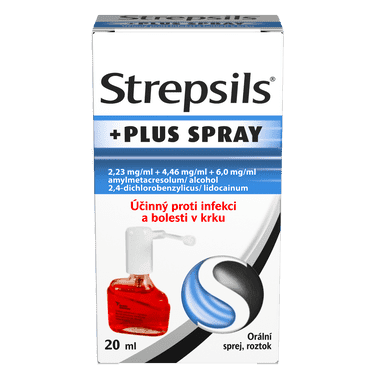 Strepsils Plus Spray 2,23 mg/ml + 4,46 mg/ml + 6,0 mg/ml orální sprej, roztok